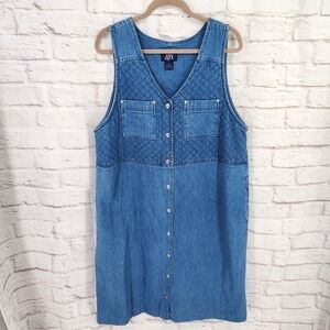 Vintage 90s Denim Dress 1X Overall Jumper Prairie Teacher Midi Button Pinafore